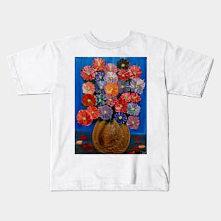 beautiful abstract flowers set against a lovely blue . And I a gold vase Kids T-Shirt